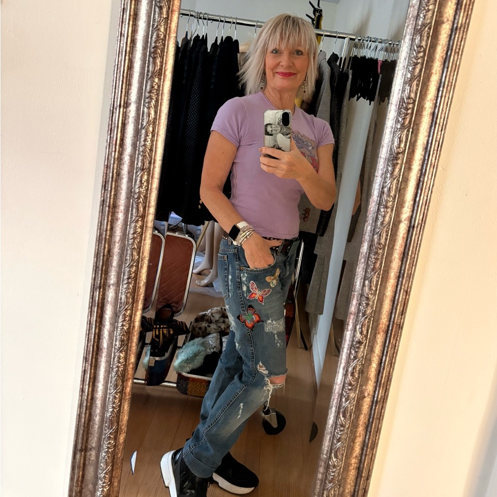 Dolce & Gabbana Blue Boyfriend Jeans with Embroidery Beaded Butterflies 🦋